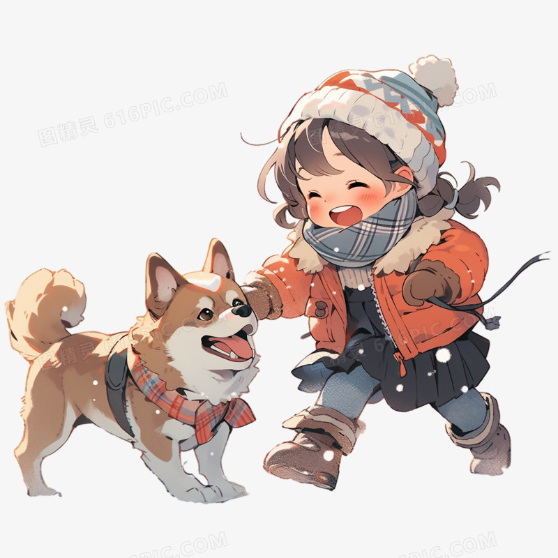 冬天可爱的小女孩和狗狗插画