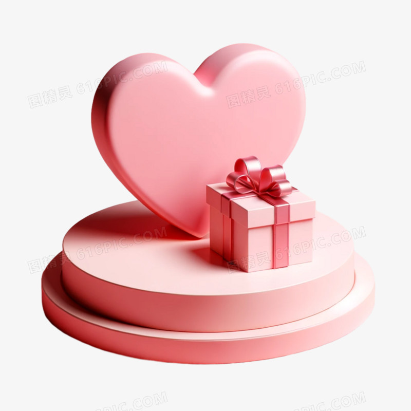3D立体粉红色爱心展台免抠元素