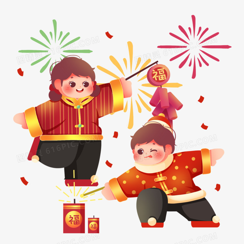 创意插画唐装孩子放鞭炮放烟花元素