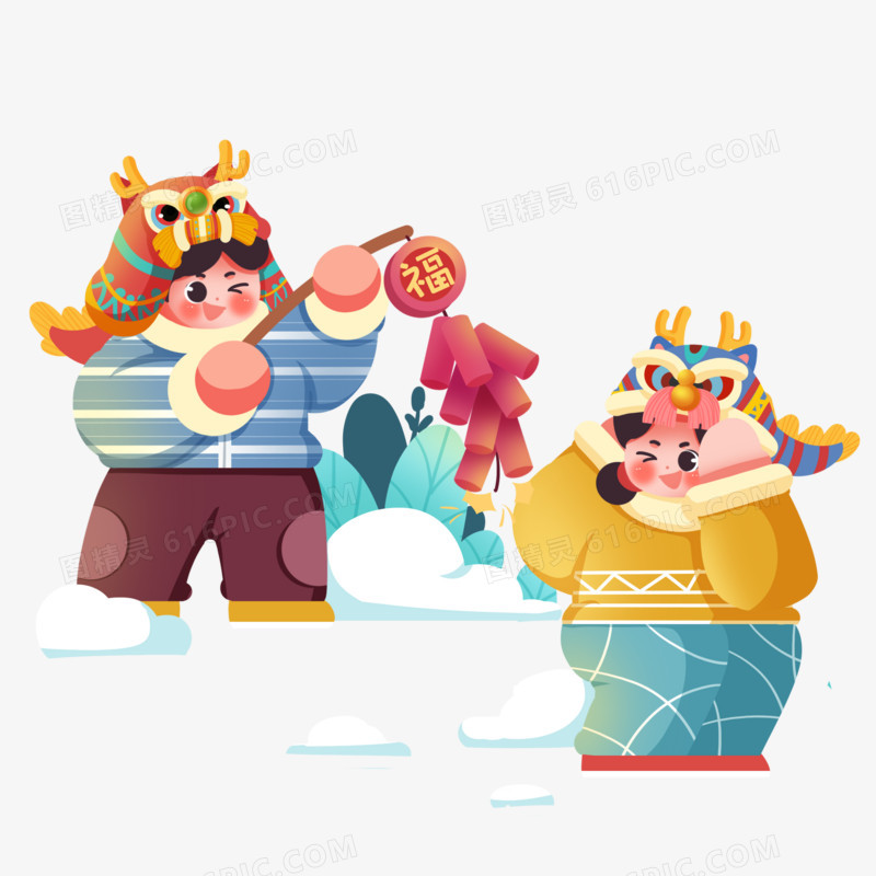 创意插画龙头帽年娃玩鞭炮元素