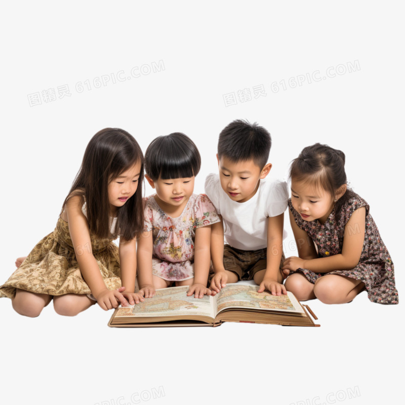 真人儿童在一起学习看书免抠元素
