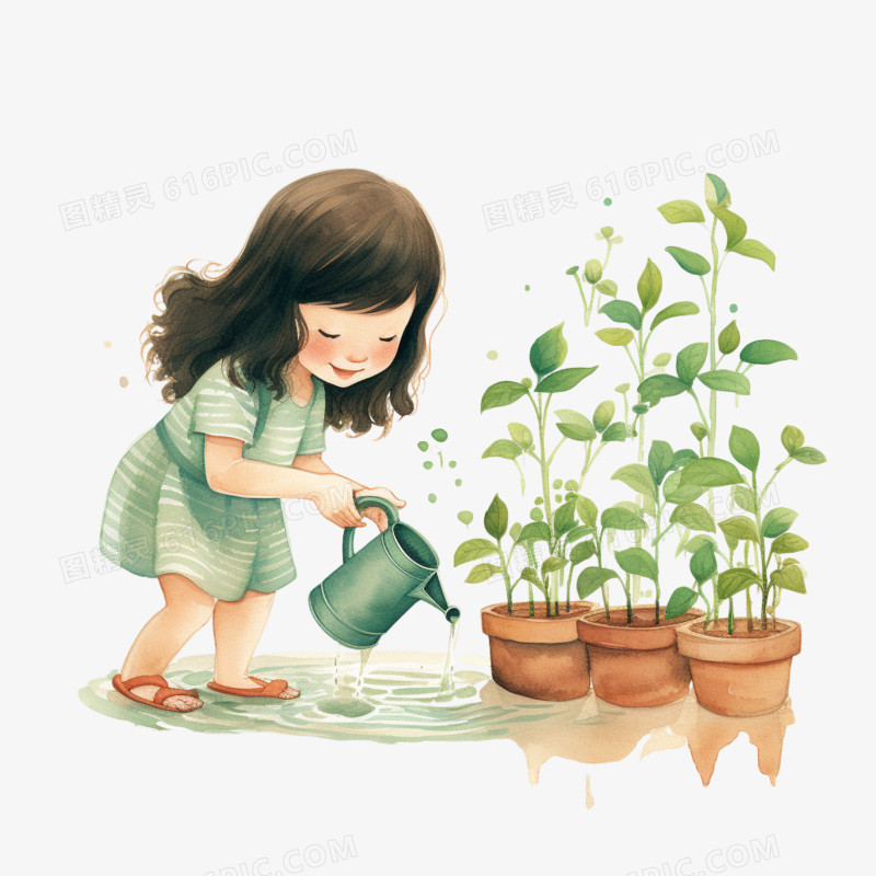 插画风女孩给植物浇水免抠素材