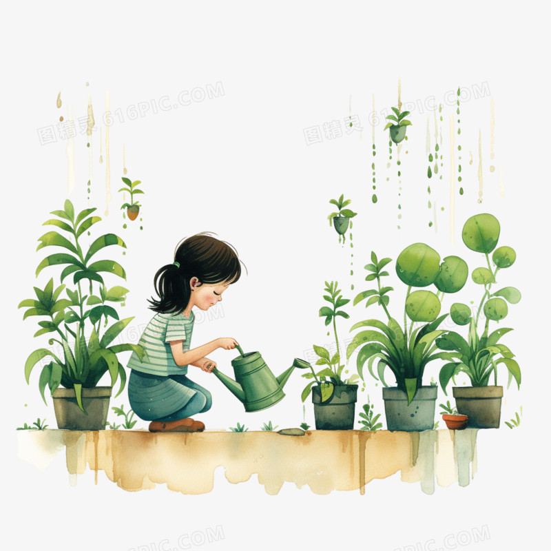 插画风女孩给植物浇水免抠素材