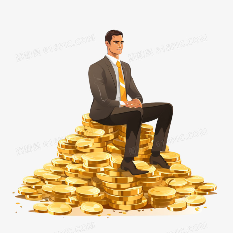 插画风金币堆上的男人免抠素材