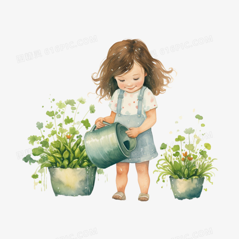 插画风女孩给植物浇水免抠素材