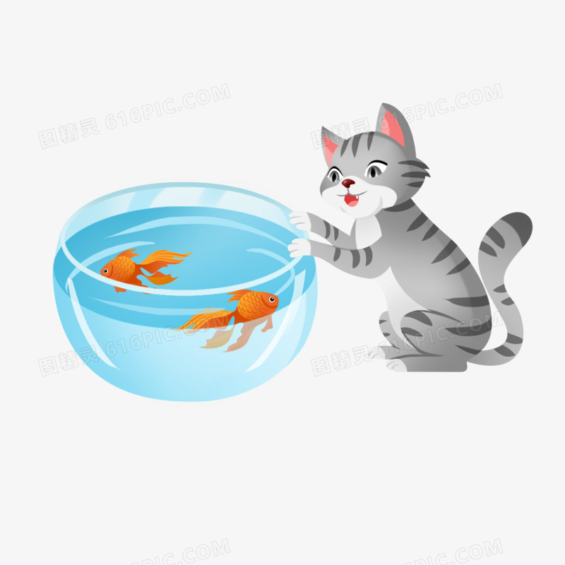 手绘小猫和鱼插画元素