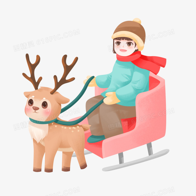 手绘可爱动物驯鹿拉雪橇滑雪素材