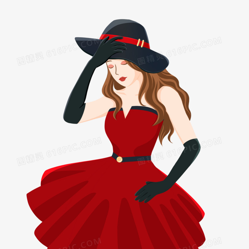 手绘戴帽子红裙美女都市丽人素材