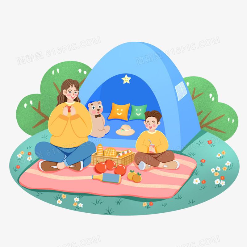手绘春季妈妈带孩子露营免抠素材