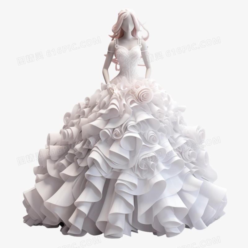 3D蓬松立体大裙摆婚纱免抠元素