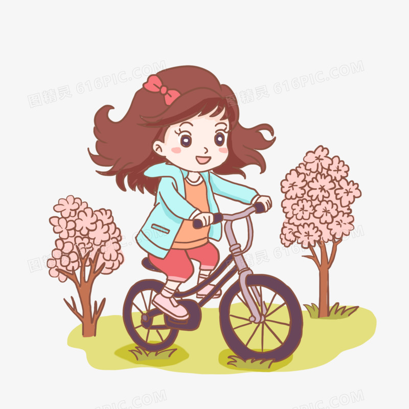 手绘卡通户外女孩骑自行车免抠元素