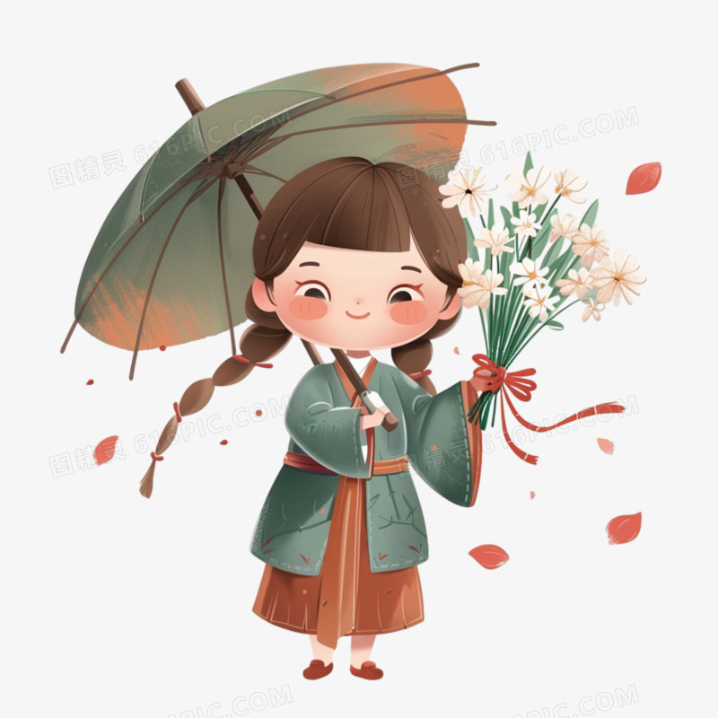 清明节抱着花束打伞的女孩