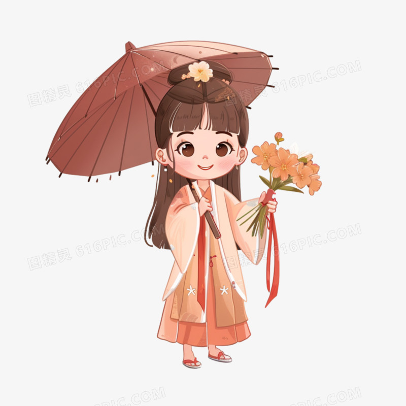 清明节抱着花束打伞的女孩