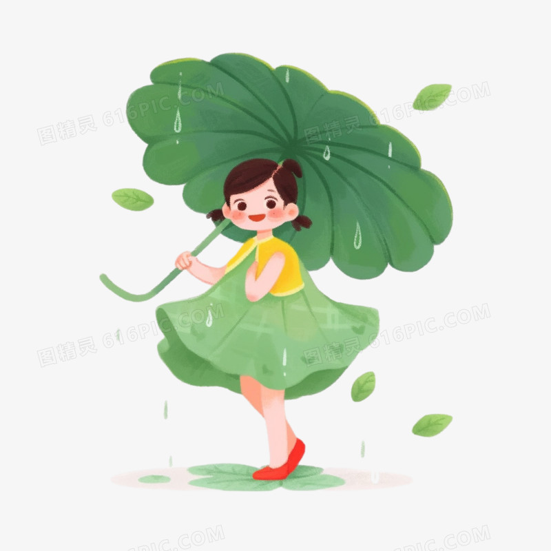 一个小女孩拿着荷叶遮雨