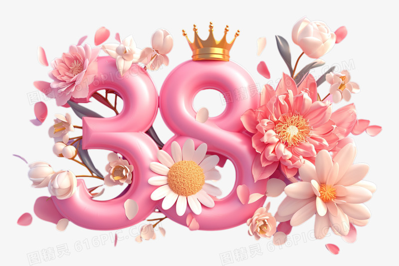 唯美鲜花金色皇冠粉色数字38妇女节艺术字