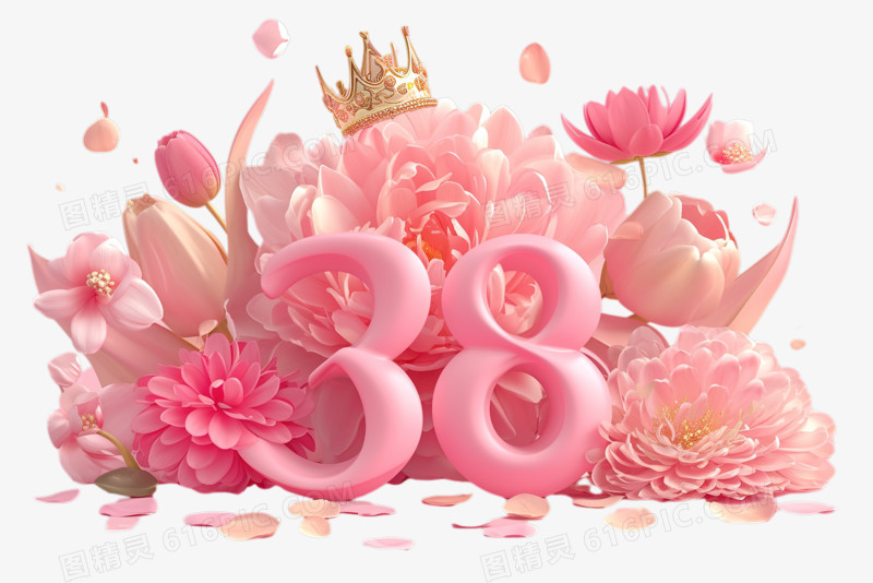 唯美鲜花金色皇冠粉色数字38妇女节艺术字