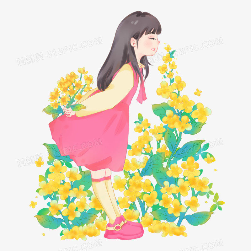 手绘卡通春天油菜花丛中的女孩元素