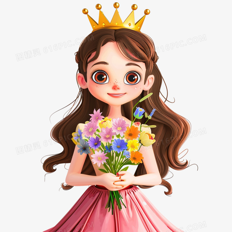 三八妇女节抱着鲜花戴着皇冠的可爱女孩形象