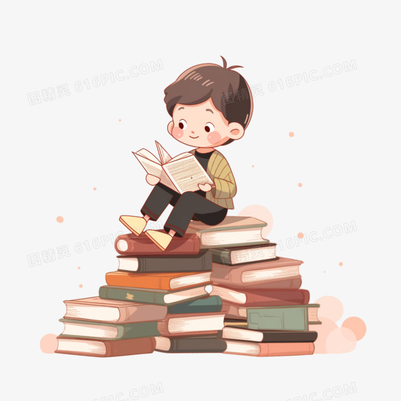 插画小朋友坐在书堆上看书免抠元素