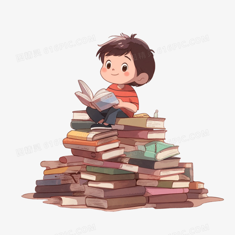 插画小朋友坐在书堆上看书免抠元素