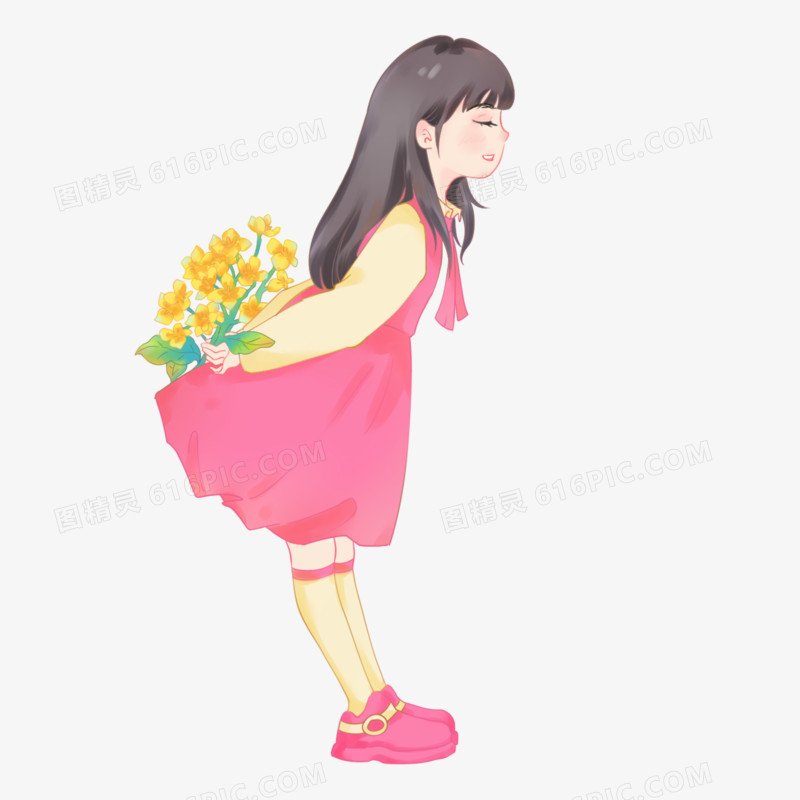 手绘卡通春天手拿油菜花的女孩元素