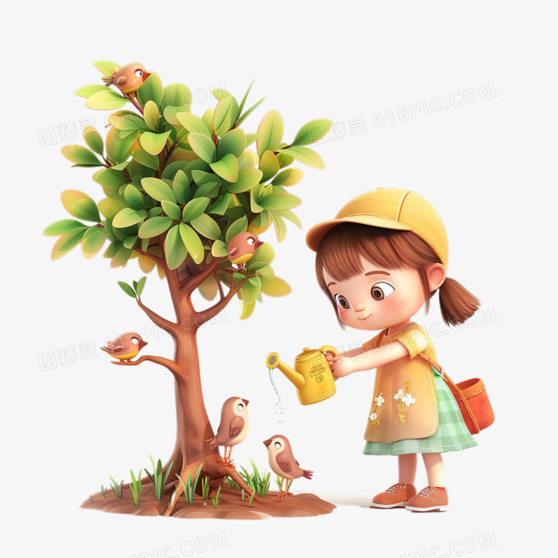 给树浇水的可爱小女孩3D元素