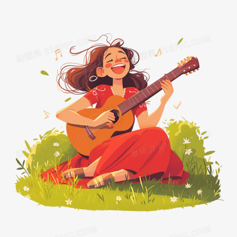 坐在草地上弹吉他的女孩免抠元素