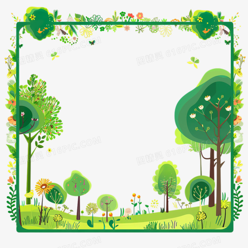 春天绿色树木草坪藤蔓小清新边框素材