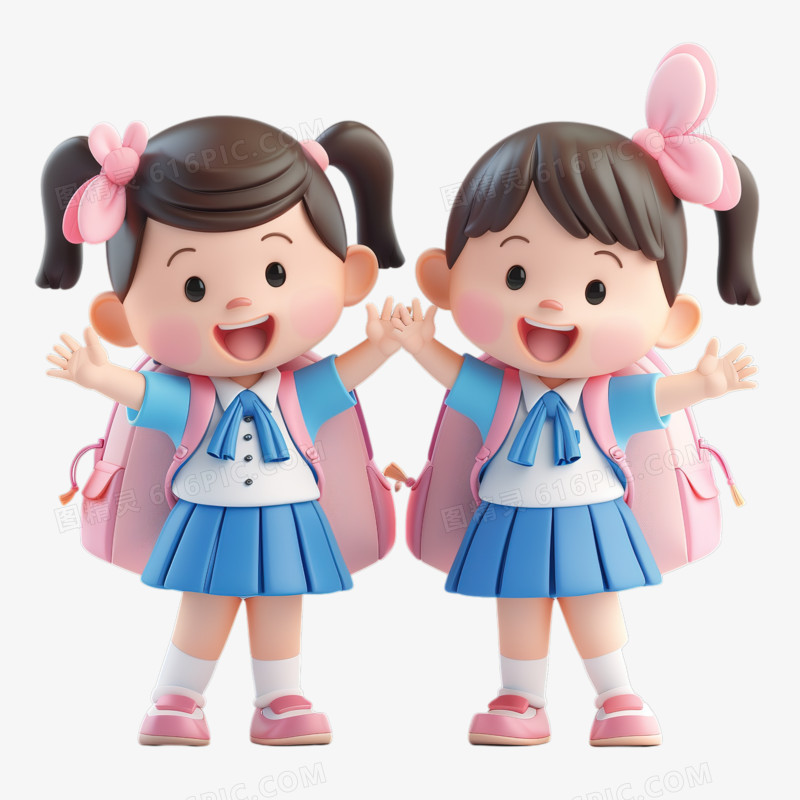两个穿着校服的可爱小女孩背着书包去上学卡通3D元素