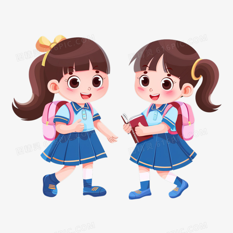 两个穿着校服的可爱小女孩背着书包去上学卡通元素