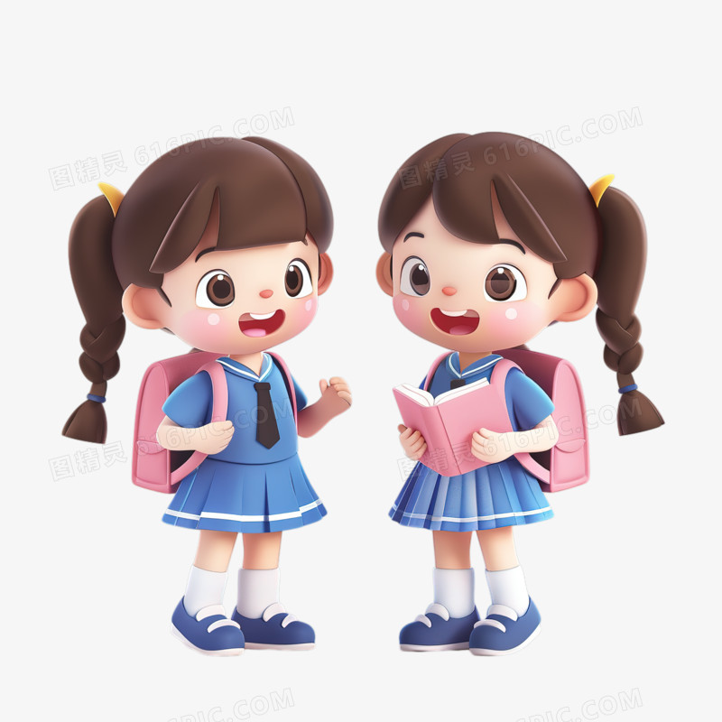 两个穿着校服的可爱小女孩背着书包去上学卡通3D元素