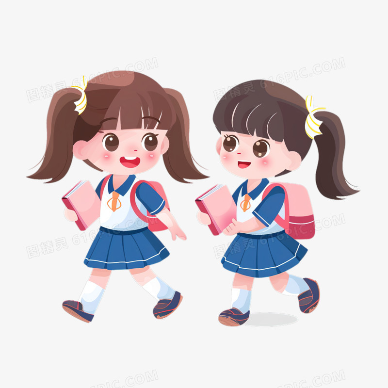 两个穿着校服的可爱小女孩背着书包去上学卡通元素