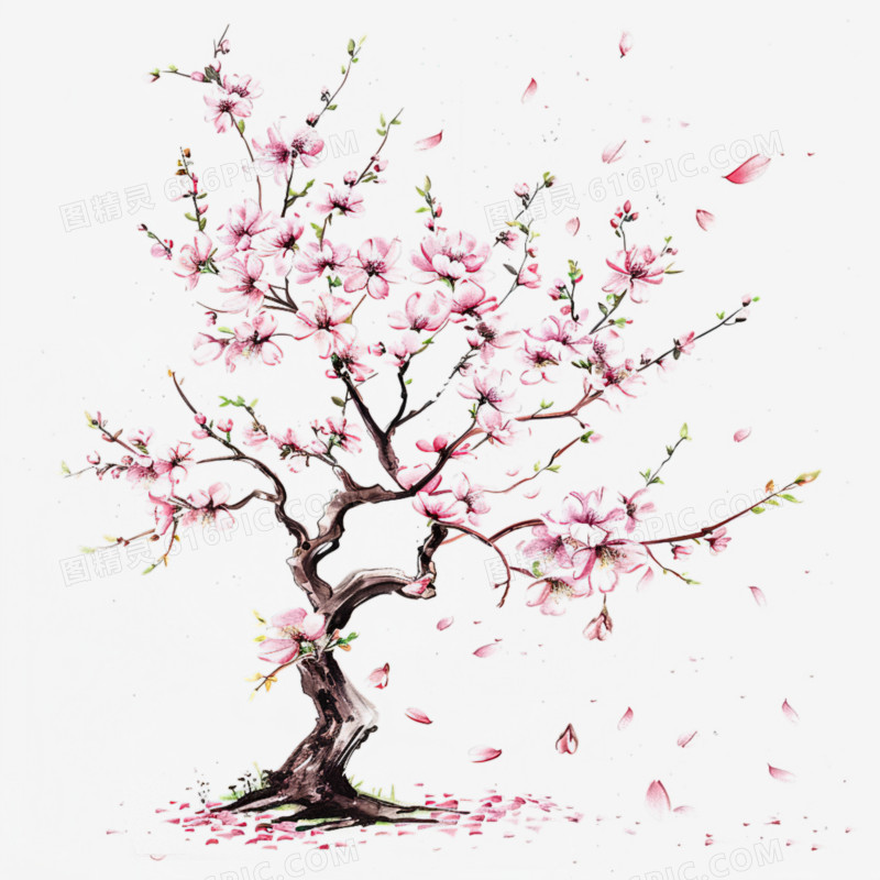 粉色唯美手绘桃花树卡通元素