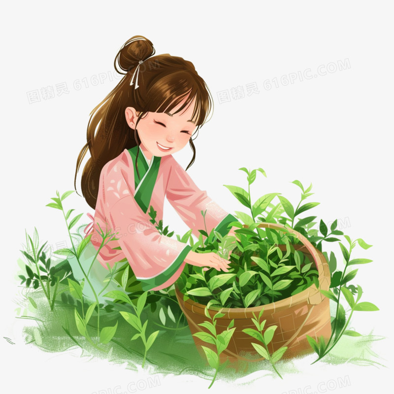 卡通手绘春天开心采摘茶叶的少女免抠元素