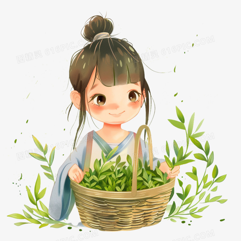 卡通手绘春天开心采摘茶叶的少女免抠元素
