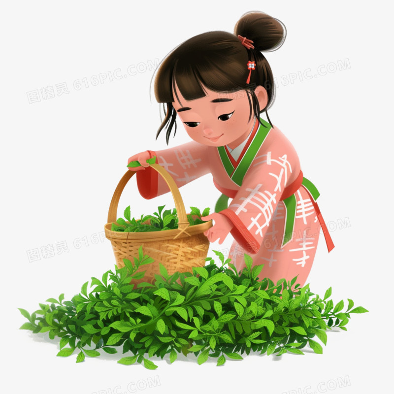 卡通手绘春天开心采摘茶叶的少女免抠元素