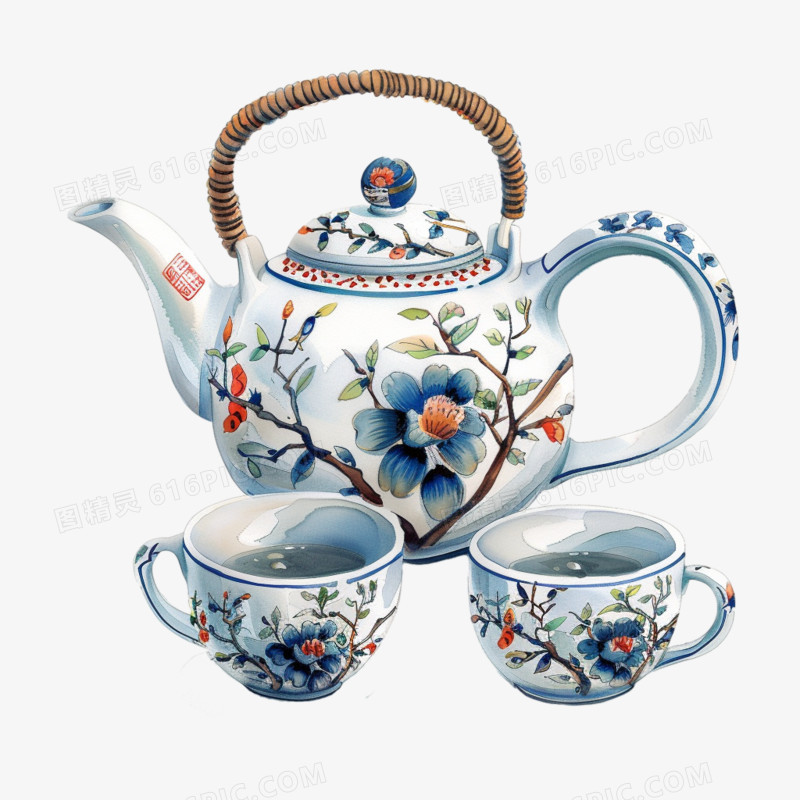 中式瓷器茶具手绘茶杯茶壶免抠元素