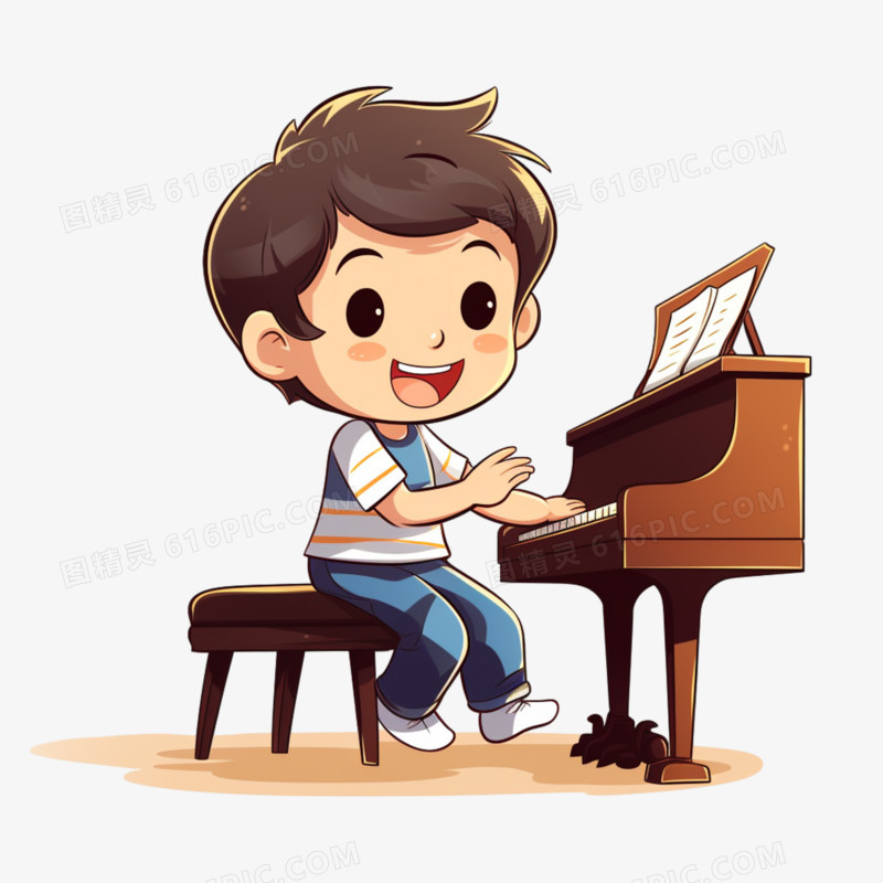 卡通男孩学钢琴免抠元素