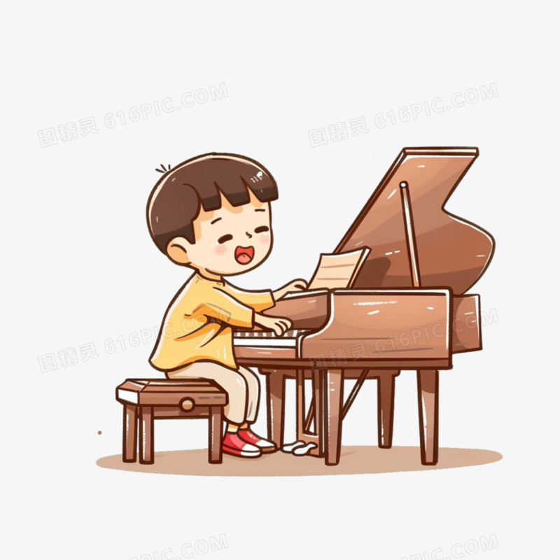 卡通男孩学钢琴球免抠元素