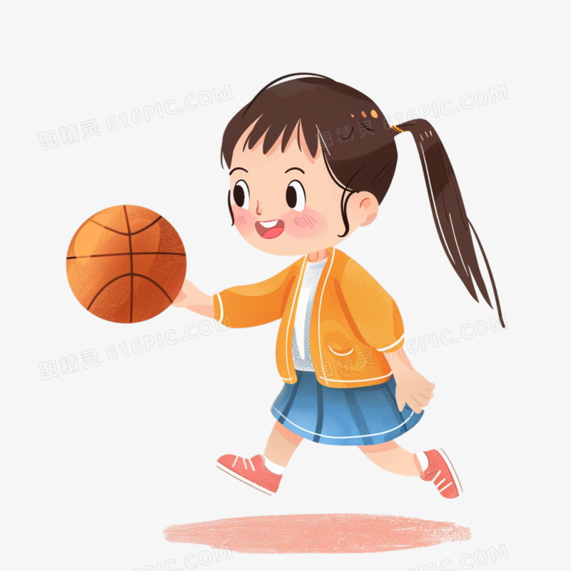 卡通女孩学打篮球免抠元素