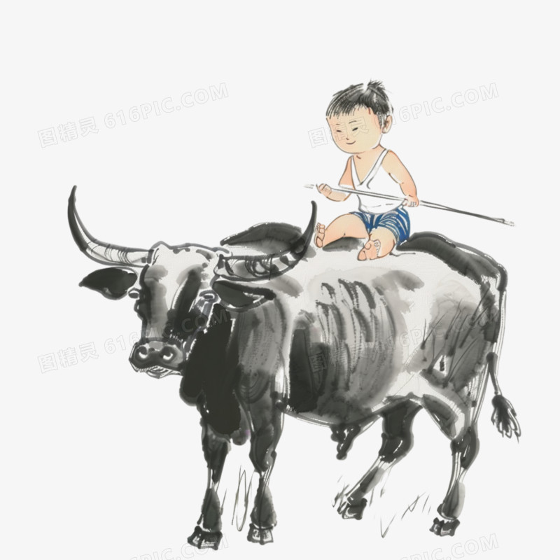 中国风水墨水彩牧童放牛免抠元素