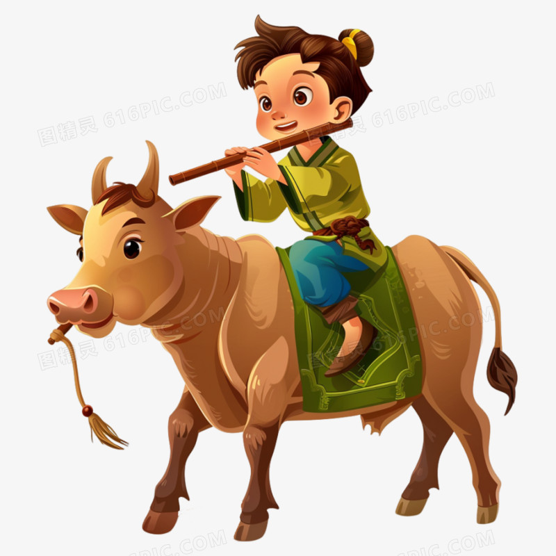 卡通牧童吹笛骑牛免抠元素