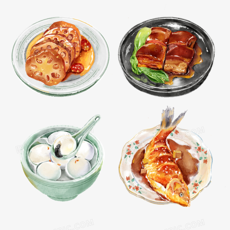 一组一组水彩风浙菜美食手绘风插画元素