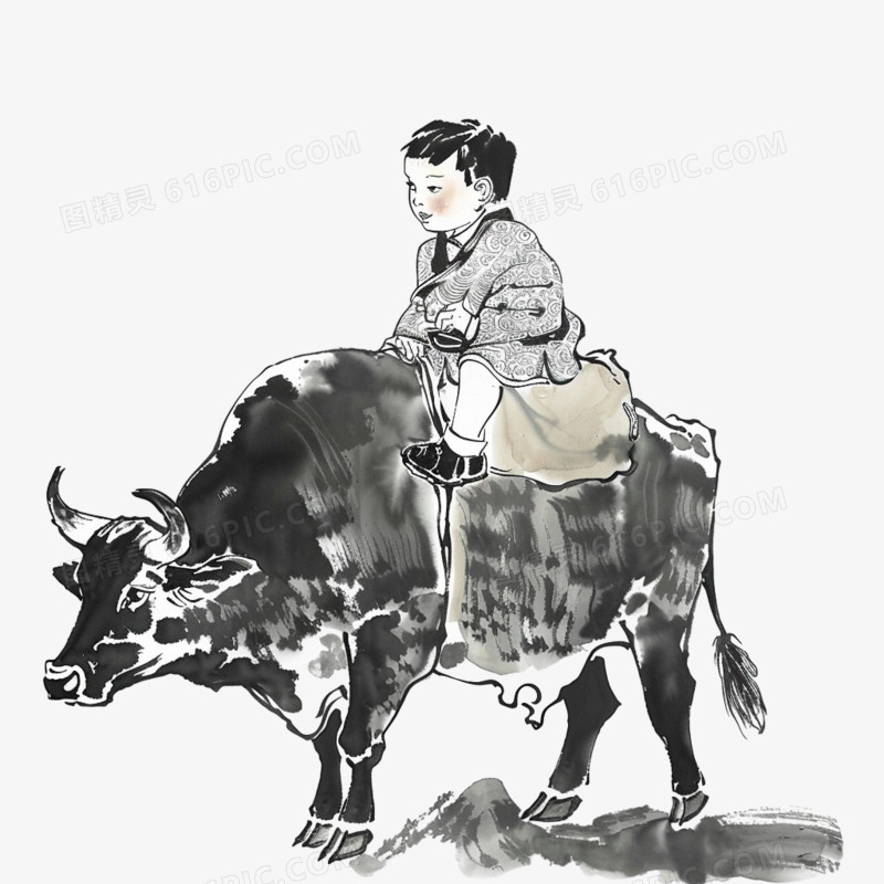 中国风水墨牧童放牛免抠元素