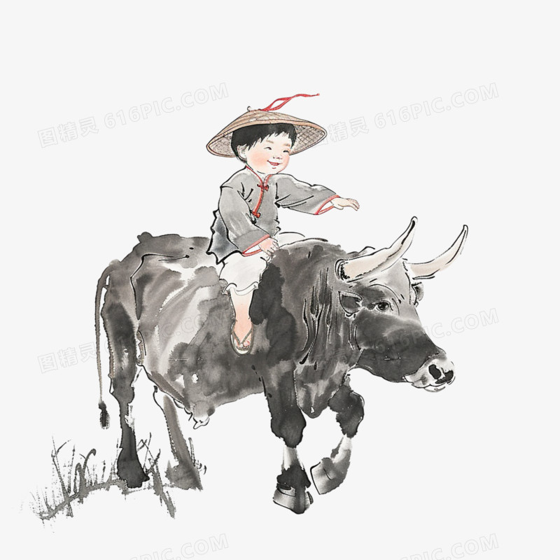 中国风水墨水彩牧童放牛免抠元素