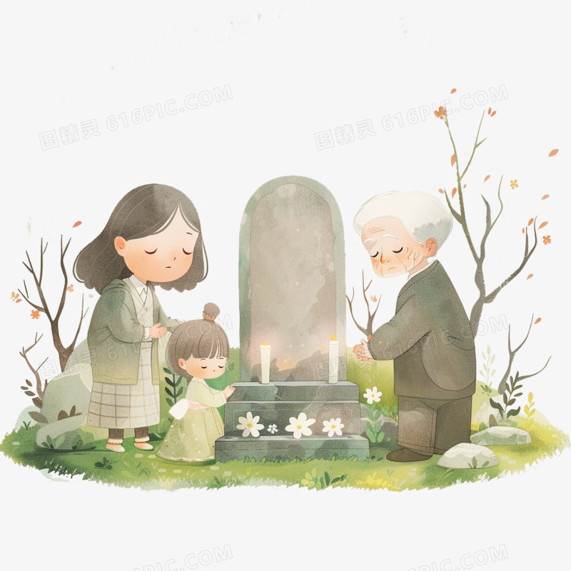 一家人祭拜在坟墓前祭拜清明节免抠元素