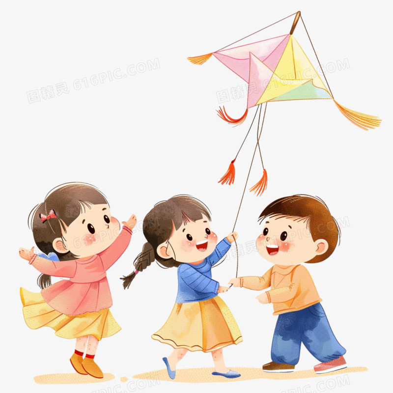 可爱的小朋友开心的一起放风筝卡通元素