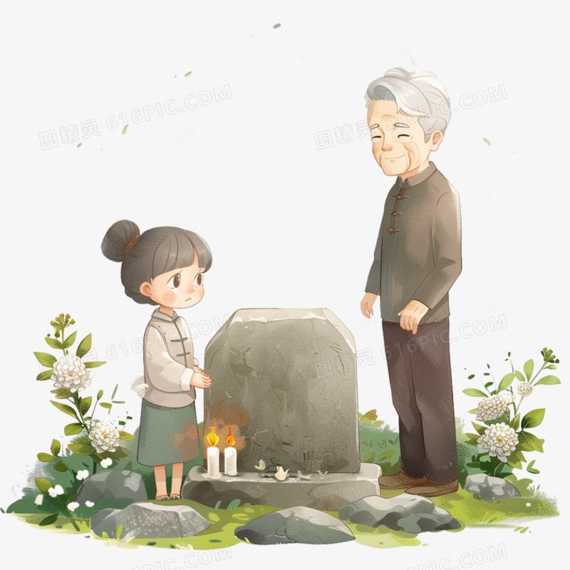 一家人祭拜在坟墓前祭拜清明节免抠元素