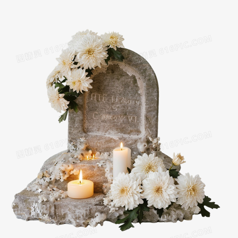 墓碑前摆放着白色菊花和蜡烛免抠元素