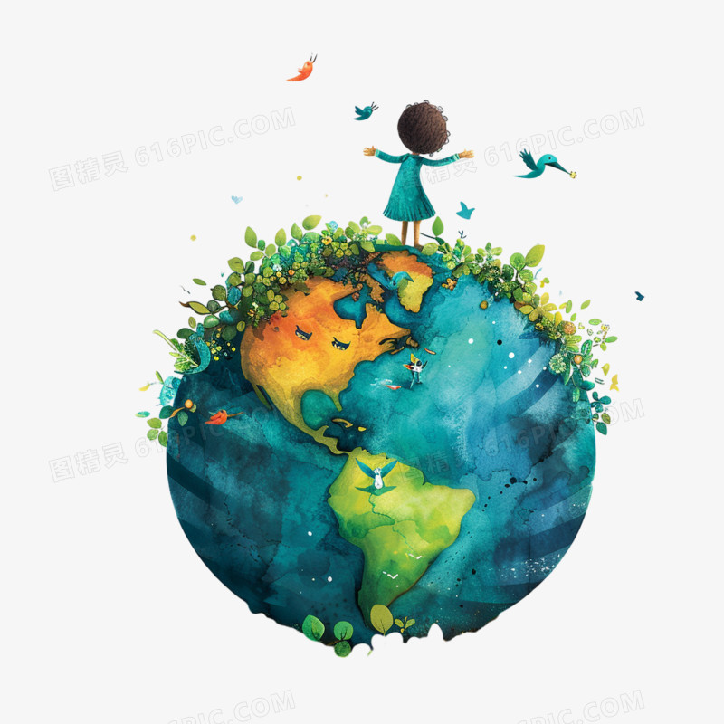 水彩插画爱护地球免抠素材
